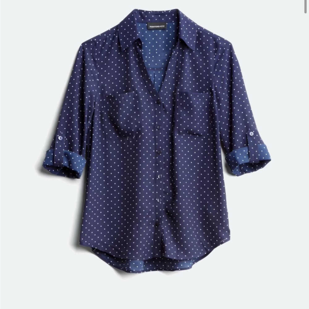 Blue and White 3/4 Sleeve Notched Collar Blouse